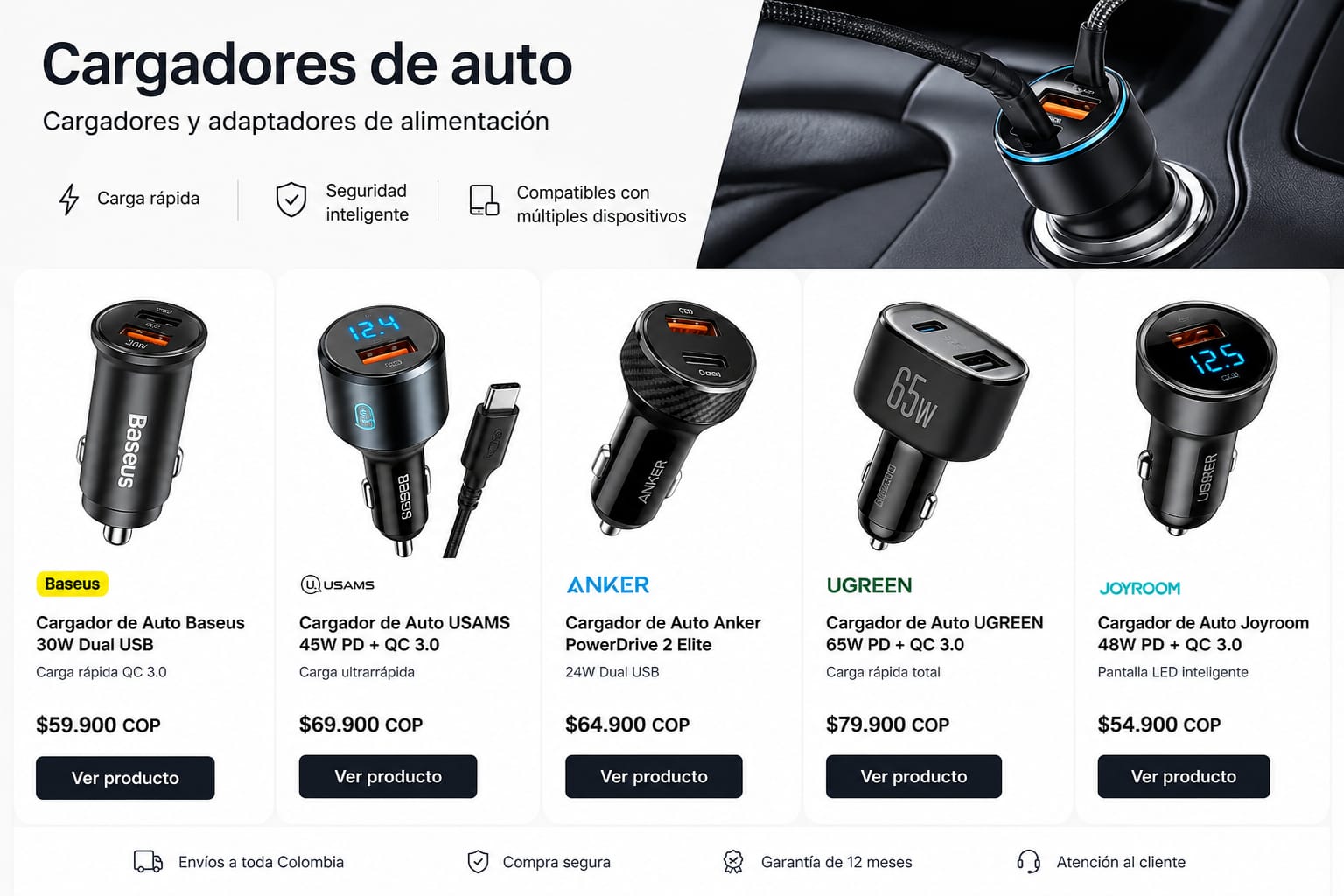 Cargador Rápido para Auto  Baseus 30W para Auto USB y USB-C